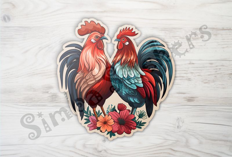 Hen and rooster chicken in love , flowers at their feet
