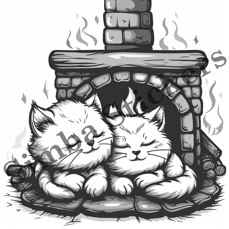 Cats by fireplace, outline art, image set, 10 images
