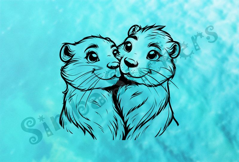 Beavers smiling and cuccling cheek-to-cheek, outline art
