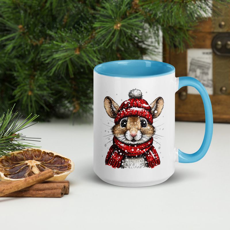 White Ceramic Mug with Color Inside, 11&amp;15oz, Mouse wearing red winter hat and scarf in snow, xg8dl3