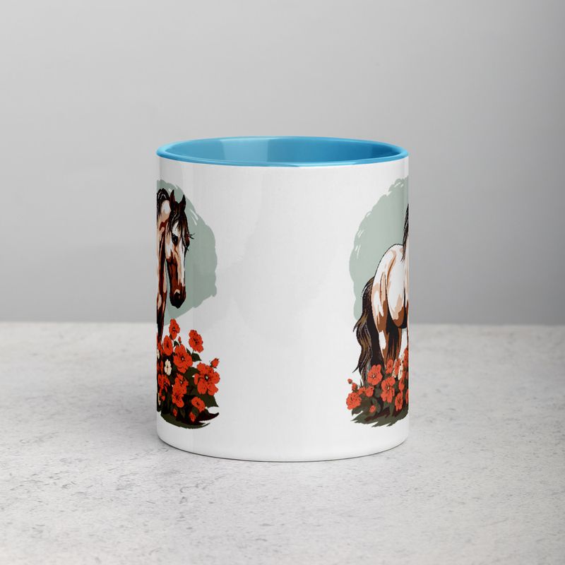 White Ceramic Mug with Color Inside, 11&amp;15oz, Brown horse in field of red flowers, n4w2fj