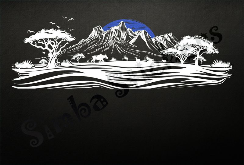 African Savanna landscape, sun rising over mountain range, outline art