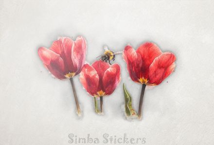 Bees above middle tulip in a row, watercolour