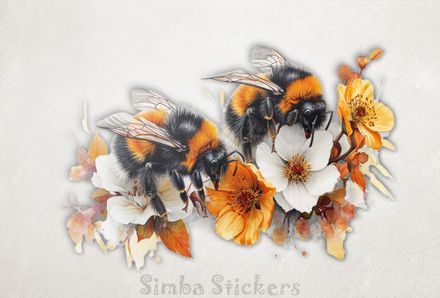 Bees over multi-coloured flowers, watercolour