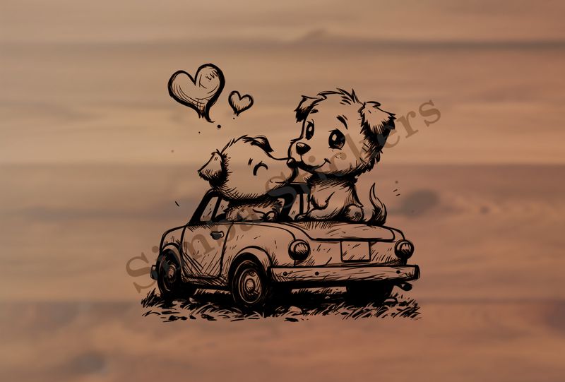 Dogs in love sitting in a car, outline art