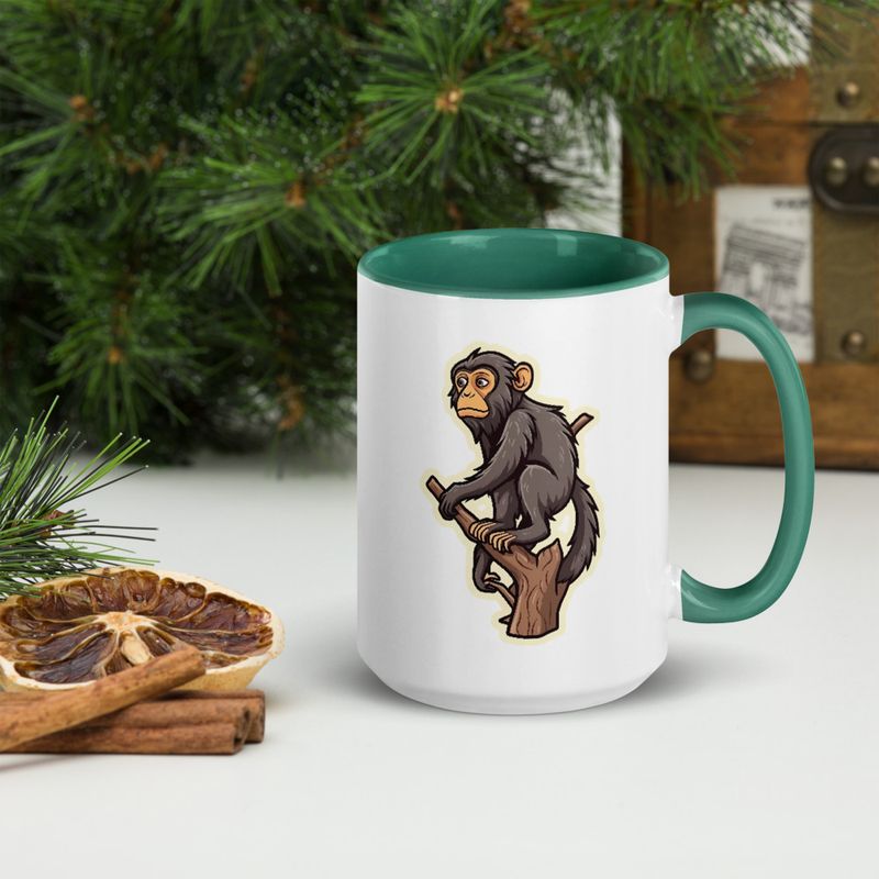 White Ceramic Mug with Color Inside, 11oz &amp; 15oz, Baboon on a tree, looking sad, head-to-head