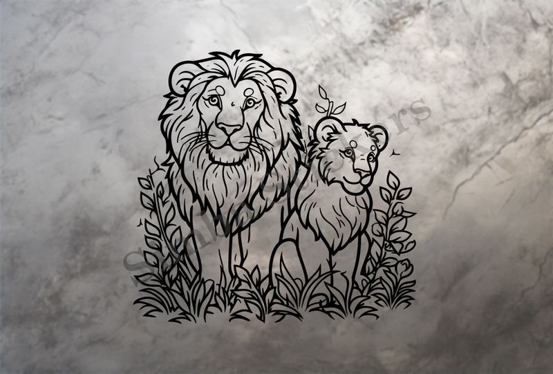 Lion and lioness in the green, outline art