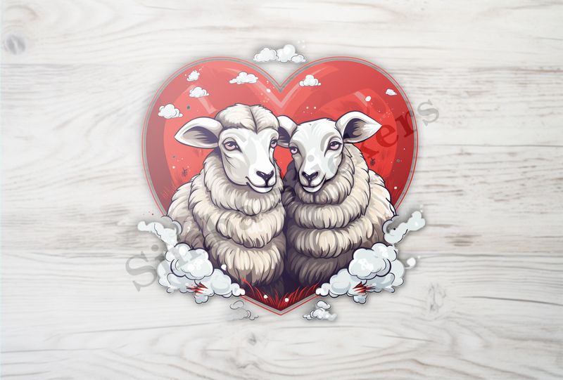 Sheep ewe and ram in love,  read heart, white clouds