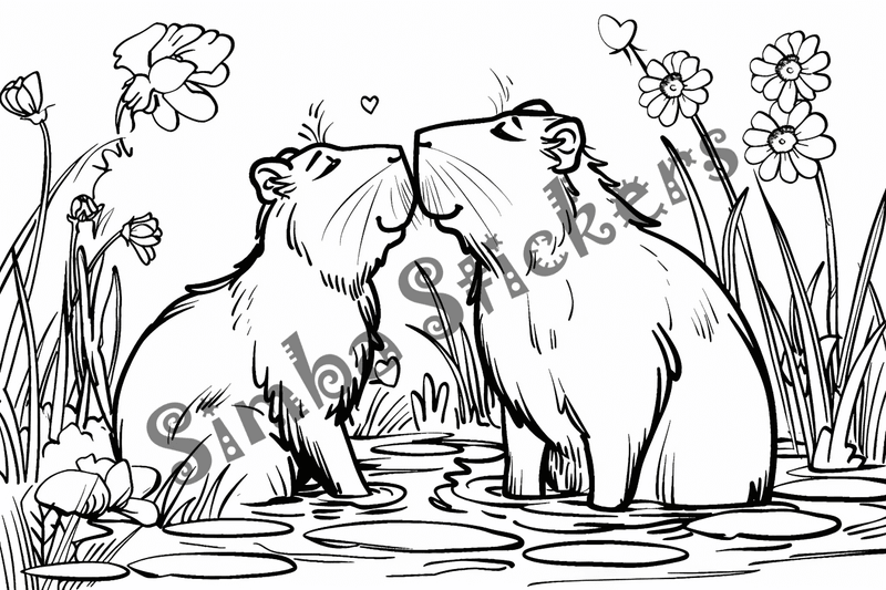Colouring pages, bundle of capybaras in love, 10 images