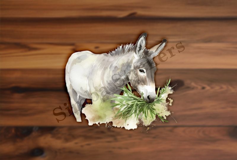 Donkey eating grass, watercolour