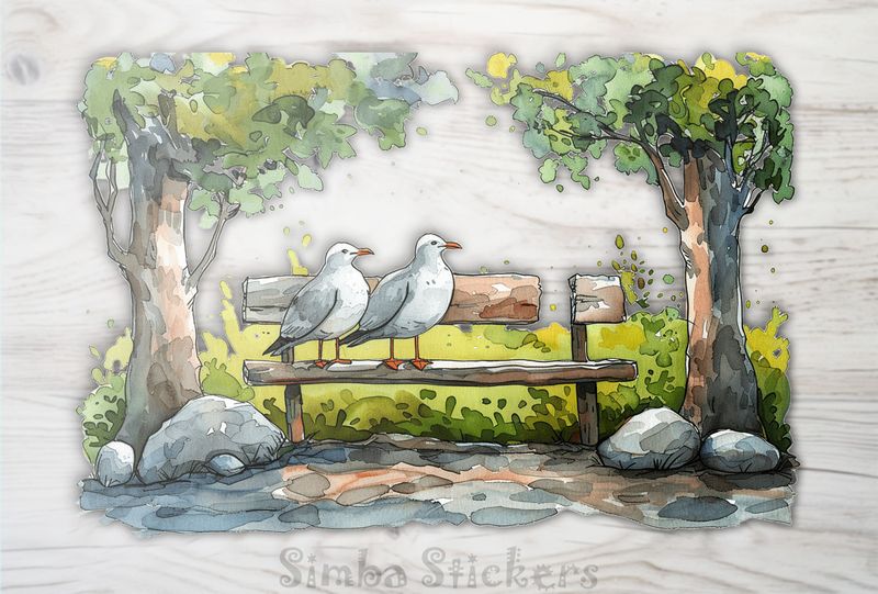 Seagulls on a park bench, watercolour, mzstmr