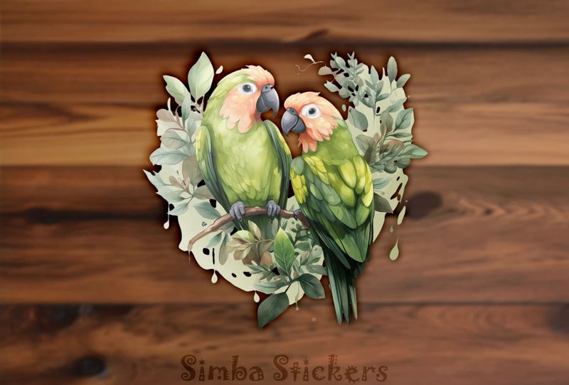Green parrots in green leaves, watercolour, yk2x8b