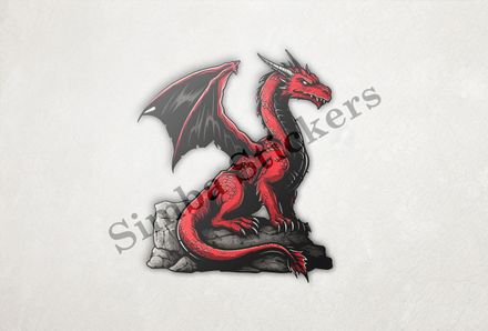 Red and black dragon perching on a rock