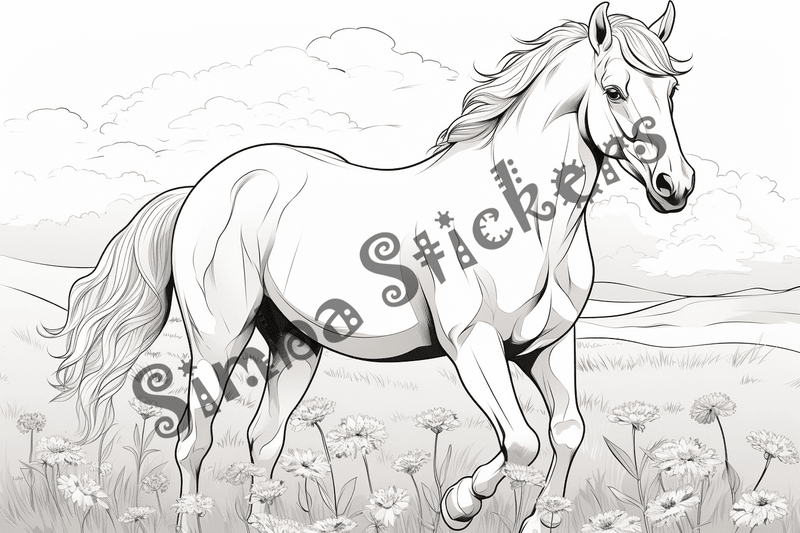 Colouring pages, bundle of horses on grass, 10 images