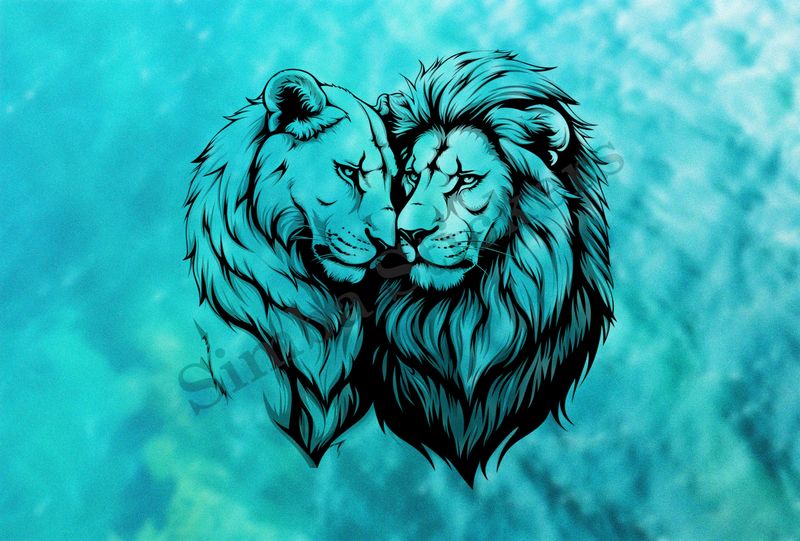 Lion leaning into  lioness, cuddling, outline art