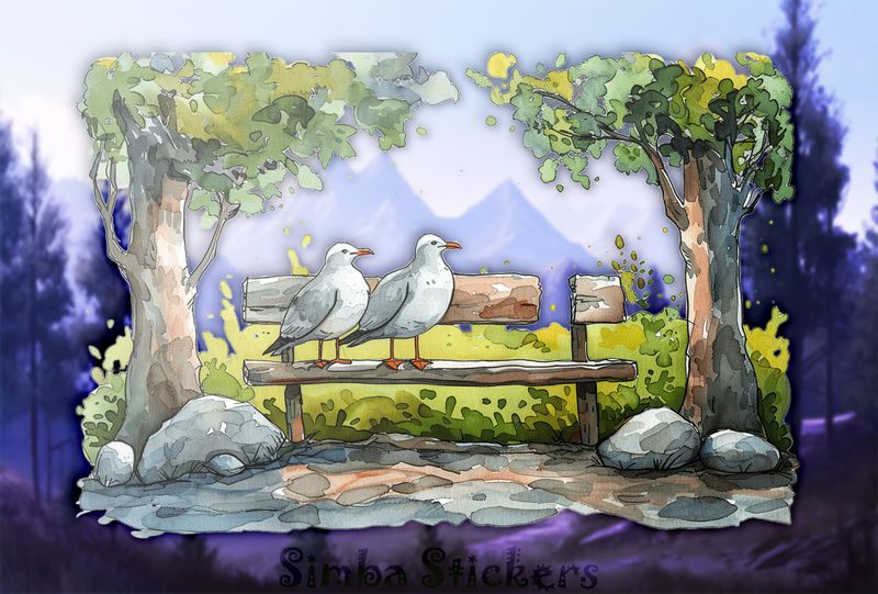 Seagulls on a park bench, watercolour, mzstmr