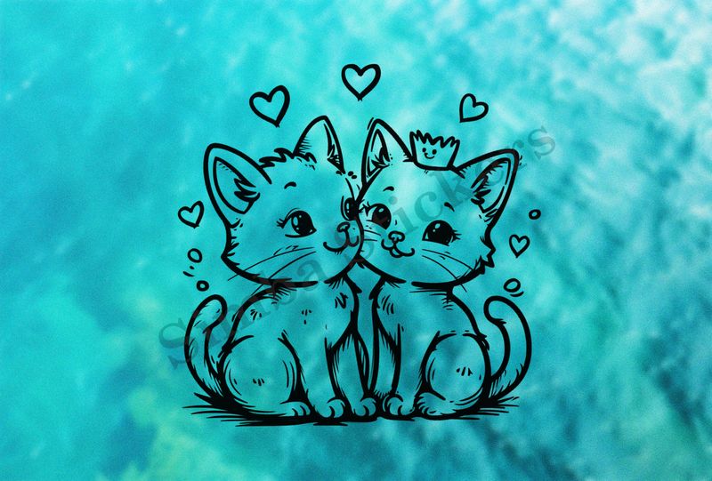 Cat kittens, one with crown, cheek-to-cheek, romantic, outline art