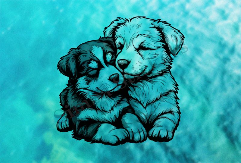 Cute dogs cuddling, outline art