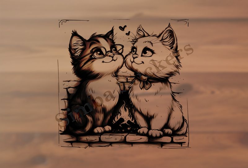 Cats, one in glasses, by the fireplace, outline art