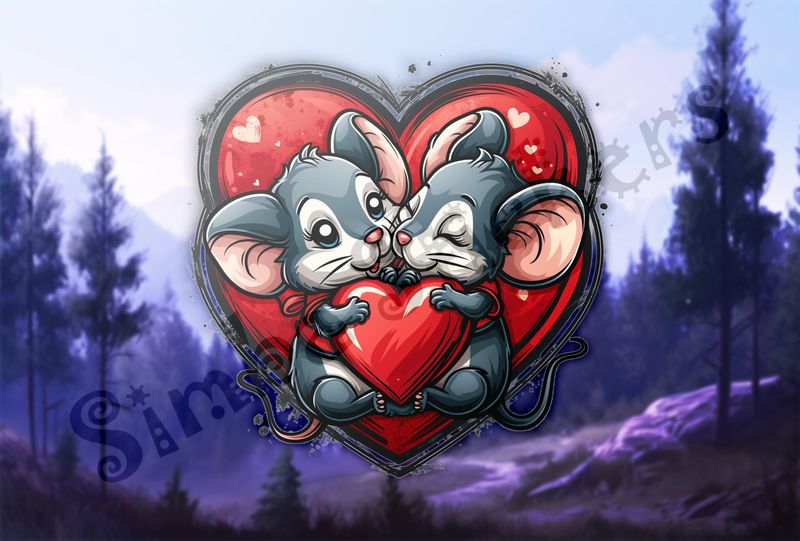 Mice in love cutely holding onto smaller Valentine&#x27;s heart tightly, inside larger heart, 3o6ler