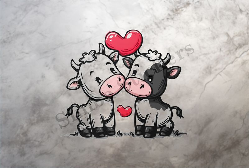 Cattle, bull and cow in love, playful , hearts in picture, outline art