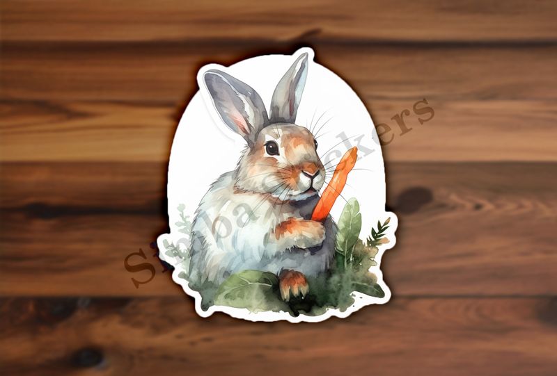 Rabbit holding a carrot, watercolour