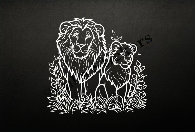 Lion and lioness in the green, outline art