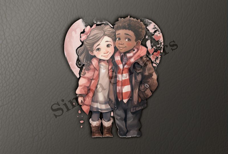 Boy and girl with arms around each other, watercolour