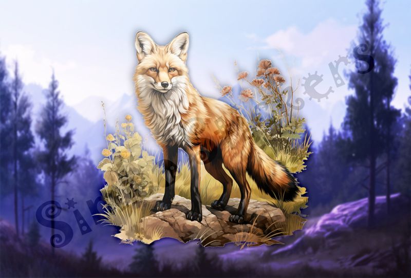 Fox on a rock in the woods