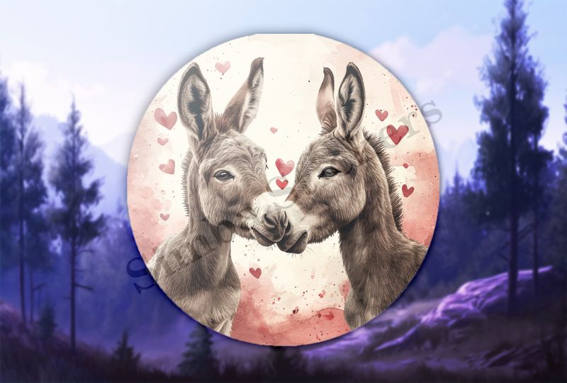 Small donkeys in love, hearts all around, watercolour