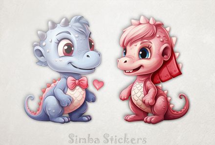 Blue and pink baby dinosaurs in love
