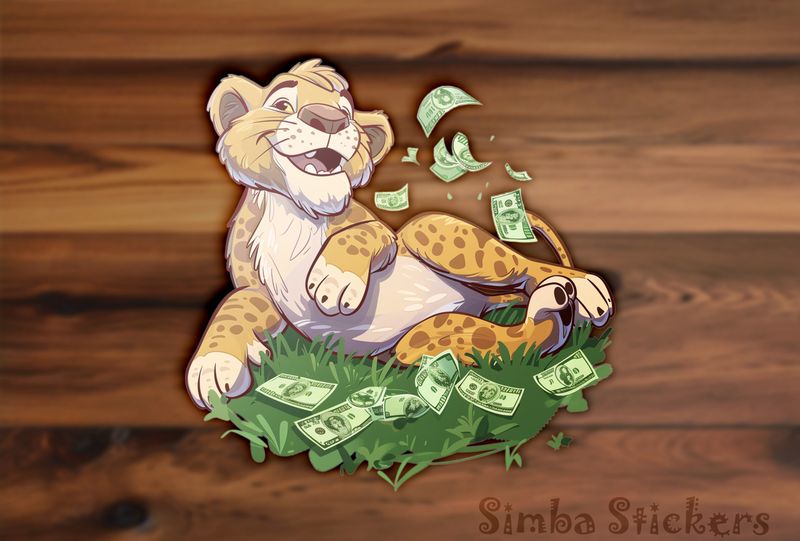 Simba Lion cub lying on flying money