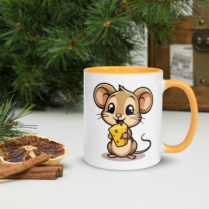 White Ceramic Mug with Color Inside,11&amp;15oz,Small Mouse happily licking large chunk of cheese,pqapy6