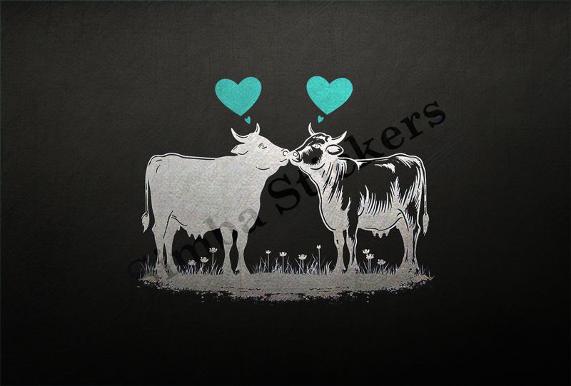 Bull and cow in love, standing, hearts in picture, outline art