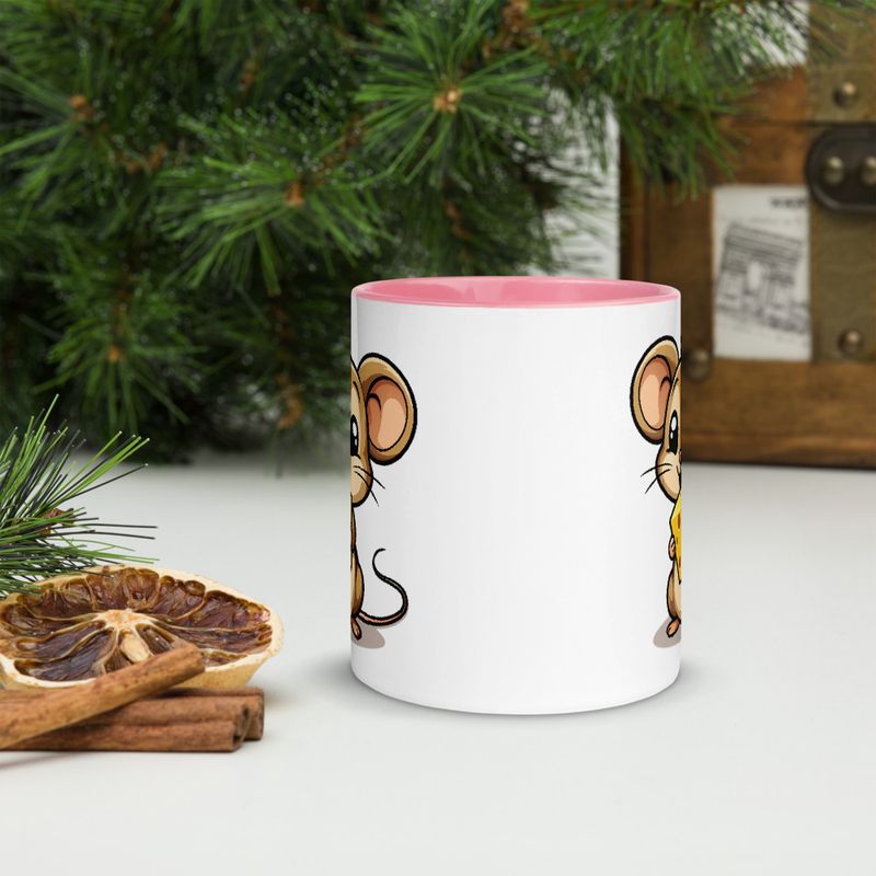 White Ceramic Mug with Color Inside,11&amp;15oz,Small Mouse happily licking large chunk of cheese,pqapy6