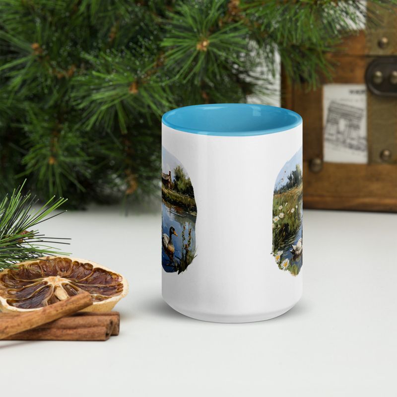 White Ceramic Mug with Color Inside, 11 &amp;15oz, Ducks in love swimming in farmhouse pond 