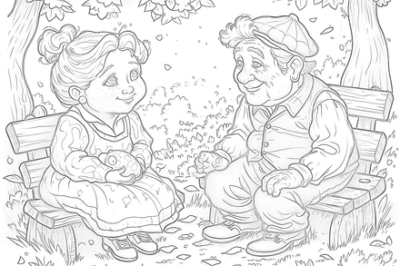 Colouring pages, bundle of people, grandparents in love at picnic, 25 images