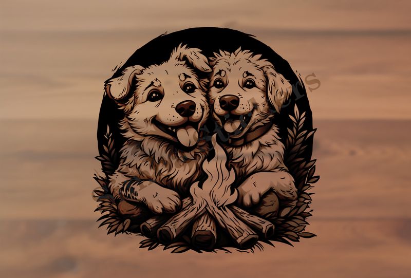 Dogs cuddling by the bonfire, outline art