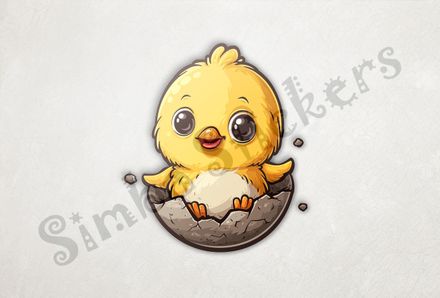 Chick happily resting and waving in eggshell on hatchday