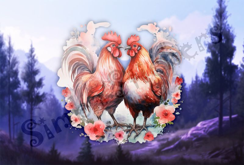 Rooster and hen chicken in love, flowers all around, watercolour