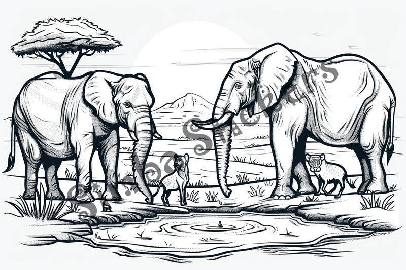 Colouring pages, bundle of African Savanna landscape with animals, 10 images