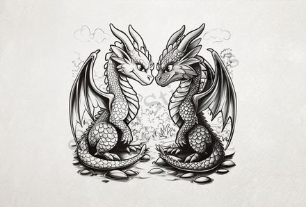 Baby dragons nose-to-nose in love, wings slightly extended, outline art