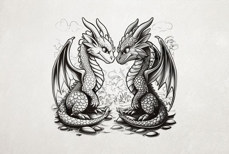 Baby dragons nose-to-nose in love, wings slightly extended, outline art