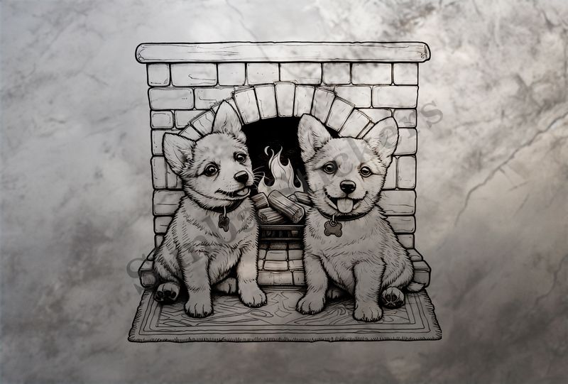 Dogs in love by the fireplace, outline art, reqw9m