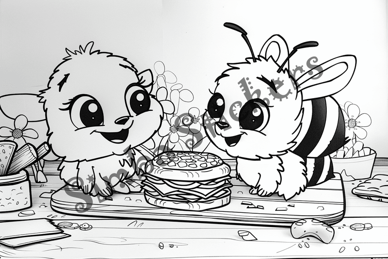 Colouring pages, bundle of bees around food, 10 images