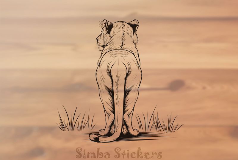 Lioness dragging tail on the ground, from the back, outline art, z1kslu