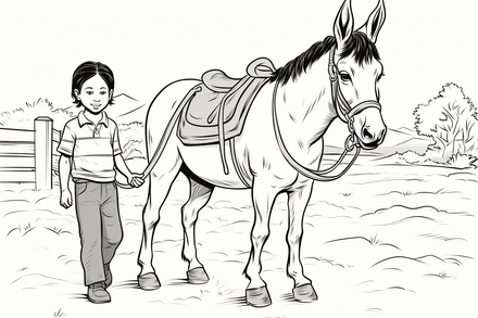 Colouring pages, bundle of mules with children, 10 images