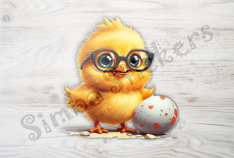 Chick in glasses standing next to small egg