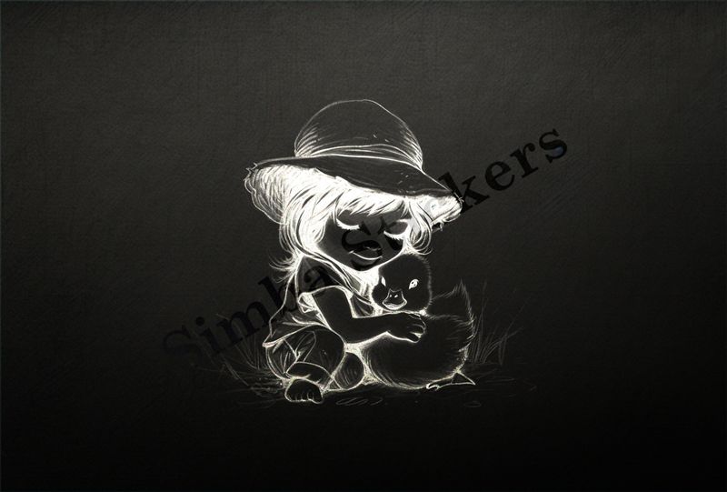 Duckling hugged by small kneeling girl in a hat, outline art