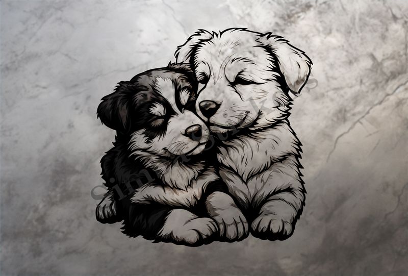 Cute dogs cuddling, outline art